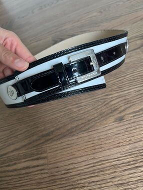 Byblos Black and White Patent Leather Men's Belt with Silver Buckle